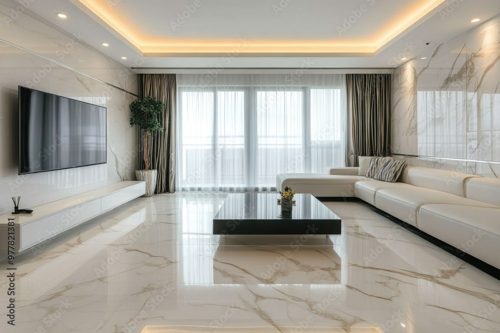 Minimalist Living Room with High-Tech TV Wall in White Marble Interior