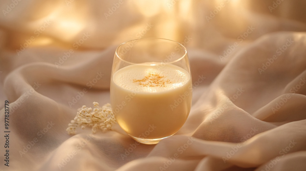 A glass of warm milk and honey, isolated on a soft beige background with gentle lighting for a cozy, comforting look A glass of warm milk and honey, isolated on a soft beige background with gentle lighting for a cozy, comforting look