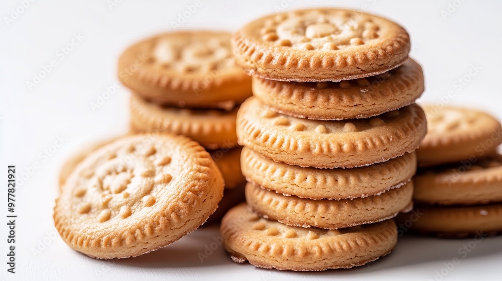 Round cookies piled on a plain backdrop Round cookies piled on a plain backdrop