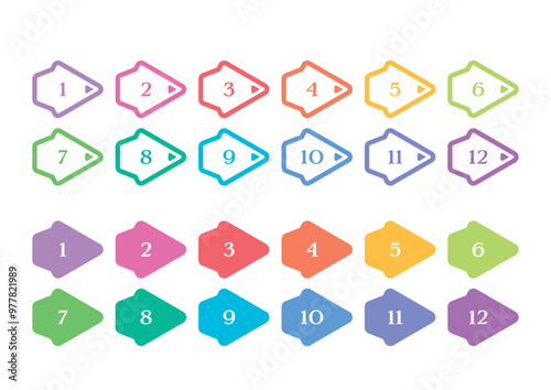 Numbers 1-12 in colorful triangles on white background. 1-12 numbers concept for education, business