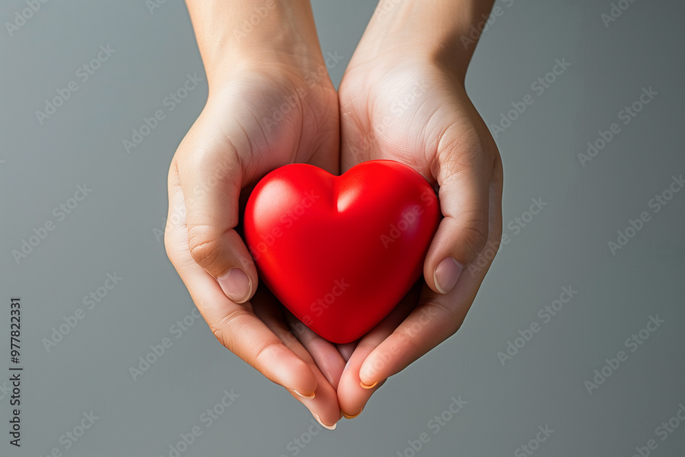 The woman is holding a red heart.