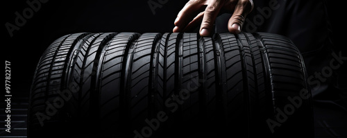 Car mechanic hold a tire detail on black background.