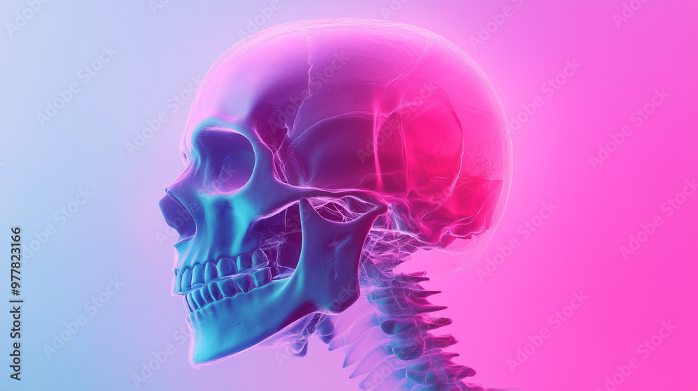Side profile of a glowing human skull in vibrant colors Side profile of a glowing human skull in vibrant colors