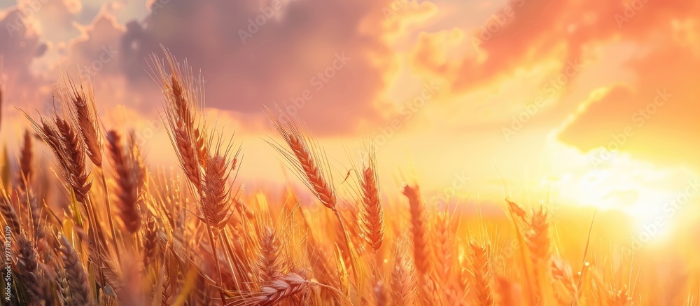 Backdrop of ripening yellow wheat ears against a sunset cloudy orange sky Copy space of the setting sun s rays on the horizon in a rural meadow Close up nature photo conveys the idea of an abundant ha Backdrop of ripening yellow wheat ears against a sunset cloudy orange sky Copy space of the setting sun s rays on the horizon in a rural meadow Close up nature photo conveys the idea of an abundant ha