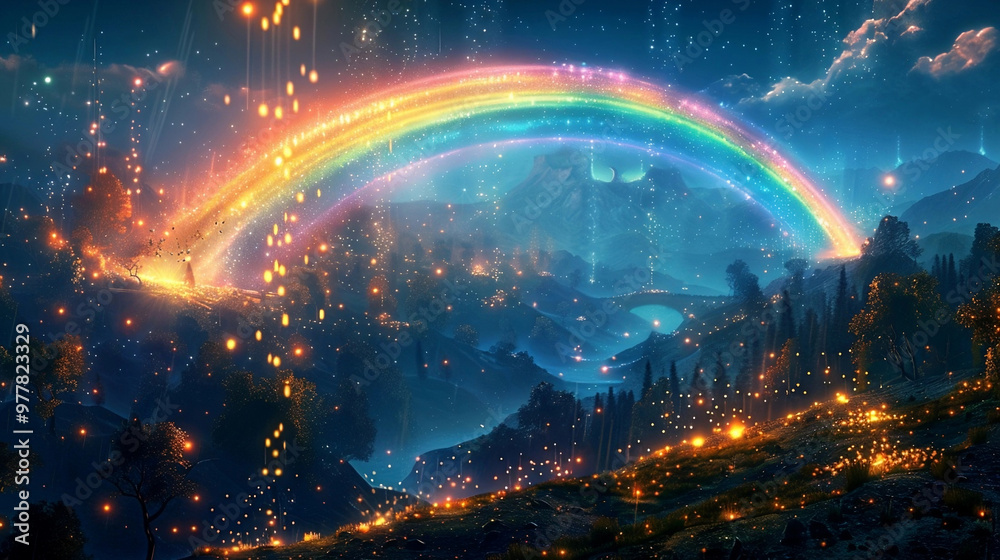 Magical Rainbow Over Enchanted Forest at Night Magical Rainbow Over Enchanted Forest at Night
