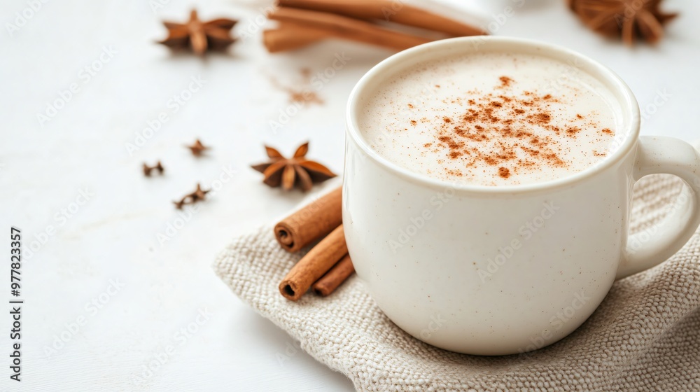 A milk-based chai tea latte with a sprinkle of cinnamon, isolated on a matte white background for a warm, minimalist vibe A milk-based chai tea latte with a sprinkle of cinnamon, isolated on a matte white background for a warm, minimalist vibe
