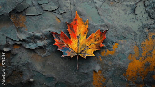 An autumn leaf shaped , spray-painted as graffiti on a wall, representing street art