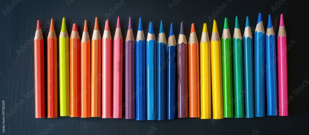 Obraz premium Multi colored pencils and stationery arranged on a black chalkboard from a top view with no people Back to school education theme. Copy space image. Place for adding text and design
