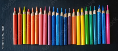 Multi colored pencils and stationery arranged on a black chalkboard from a top view with no people Back to school education theme. Copy space image. Place for adding text and design