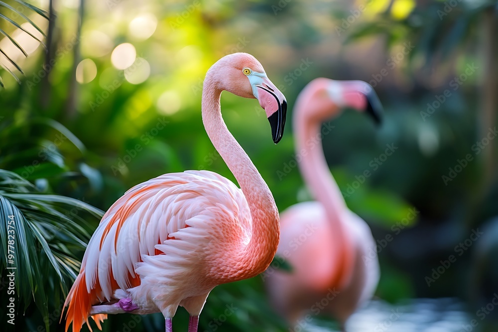 Fototapeta premium Two Pink Flamingos Standing in Tropical Foliage