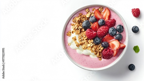 A milk-based smoothie bowl topped with granola and fresh fruit, isolated on a white background with soft shadows for a vibrant, health-conscious aesthetic