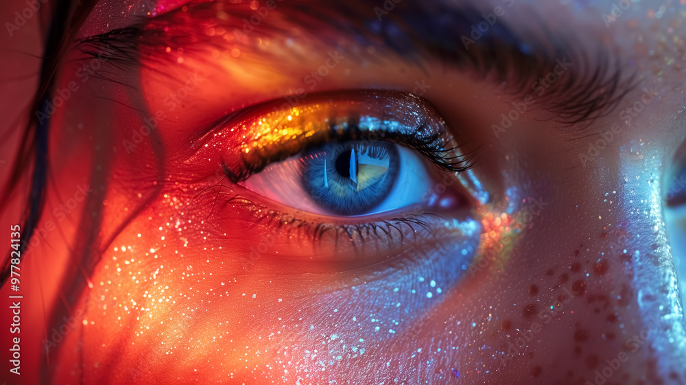Close-up of woman eyes on neon colors Close-up of woman eyes on neon colors