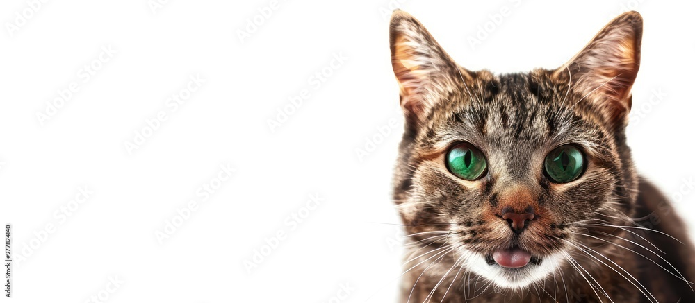 Fototapeta premium Horizontal photo of a delightful tabby cat licking its lips showcasing bright green eyes and a touch of mischief set against a simple white background Animals concept. Copy space image