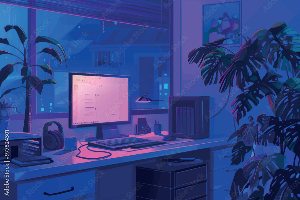 Modern workspace with night view Modern workspace with night view