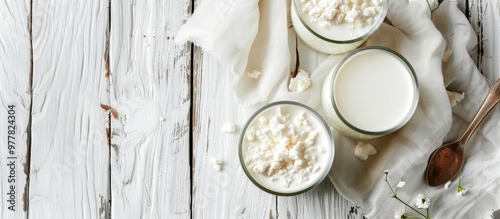 dairy product samples on a white wooden table background photo