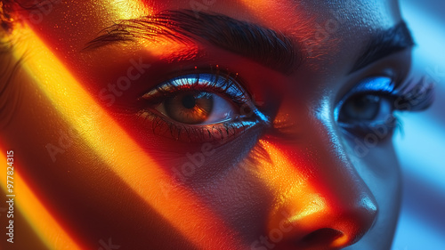 Close-up of woman eyes on neon colors