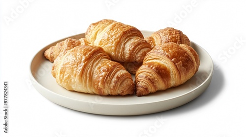 A plate of buttery croissants made with milk, isolated on a matte white background with subtle shadows to enhance the texture