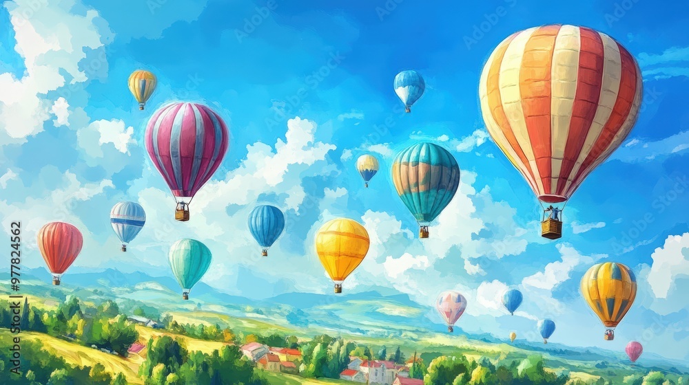 Fototapeta premium Colorful hot air balloons flying over green landscape.