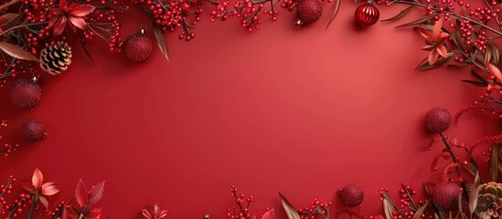Red Christmas template for design featuring a festive frame against a red background Flat lay top view and copy space for text
