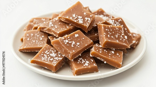 A plate of homemade milk toffee with a sprinkle of sea salt, isolated on a clean white background for a simple and elegant look