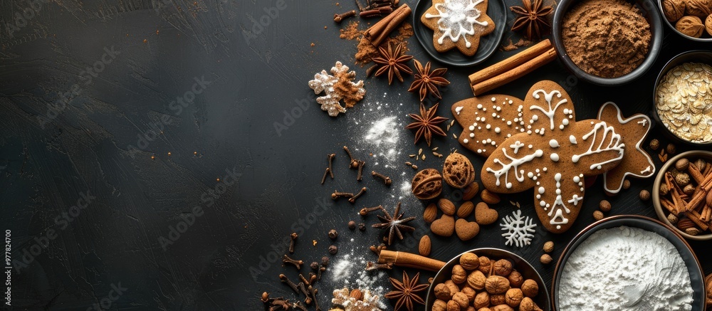 Christmas gingerbread cookies and cooking ingredients arranged on a black table from a top view A festive background with room for text. Copy space image. Place for adding text and design Christmas gingerbread cookies and cooking ingredients arranged on a black table from a top view A festive background with room for text. Copy space image. Place for adding text and design