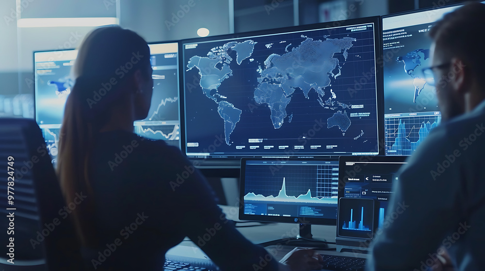 two individuals in an office setting, focusing on a computer screen displaying a world map and various graphs two individuals in an office setting, focusing on a computer screen displaying a world map and various graphs