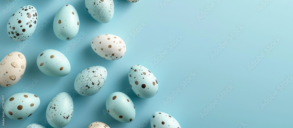 Easter eggs against a blue background Space for text Top view. Copy space image. Place for adding text and design