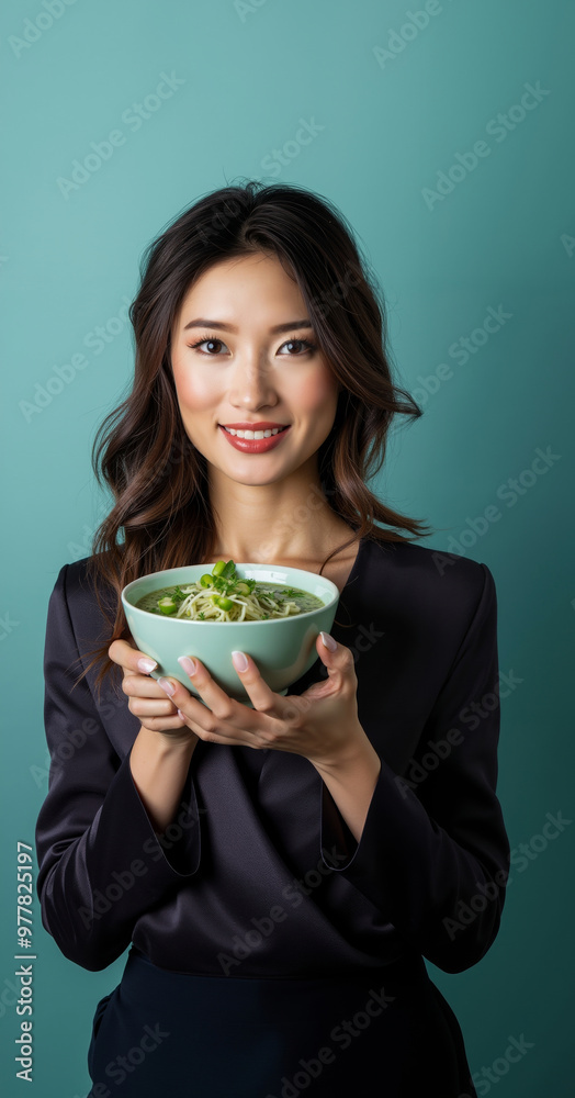 A woman holding a bowl of green soup in her hands