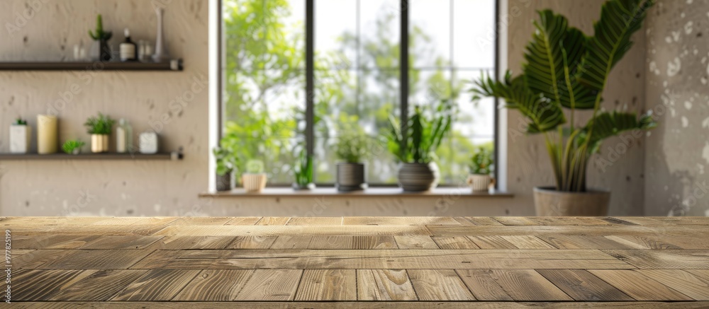 Vacant wooden table in the background of a blurred room interior. Copy space image. Place for adding text and design Vacant wooden table in the background of a blurred room interior. Copy space image. Place for adding text and design