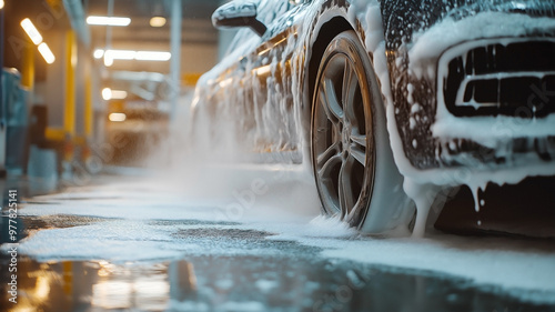 Car wash with foam soap, where a high-pressure vehicle washer machine sprays foam onto the car