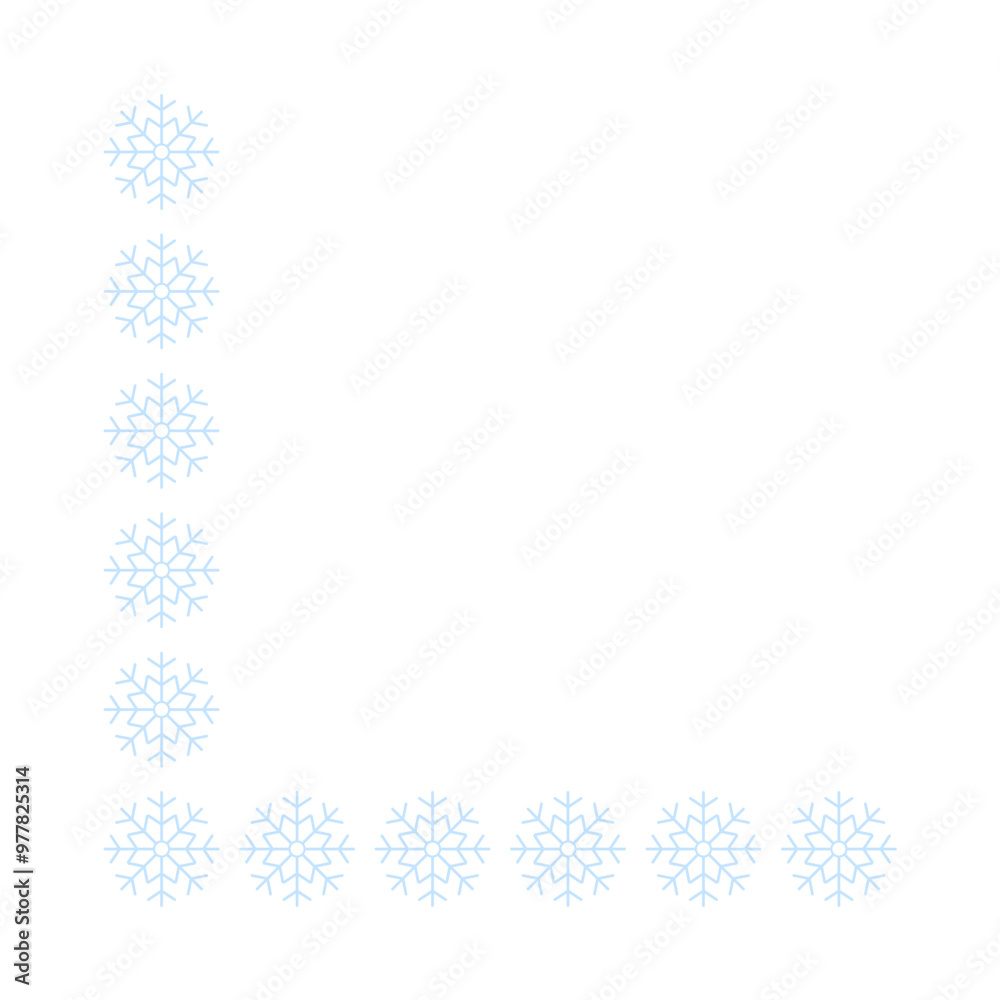 Page corner border with light blue snowflakes. Border for banner, text or photo Merry Christmas and New Year. Vector. Page corner border with light blue snowflakes. Border for banner, text or photo Merry Christmas and New Year. Vector.