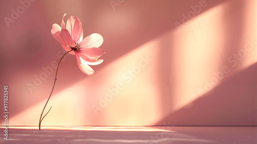 A single pink flower sitting on top of a table photo