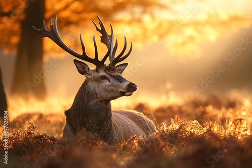 Majestic deer with antlers in golden sunset light
