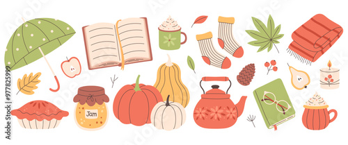 Autumn elements set. Cute and cozy seasonal objects. Fall, Thanksgiving Day. Vector illustration in flat style