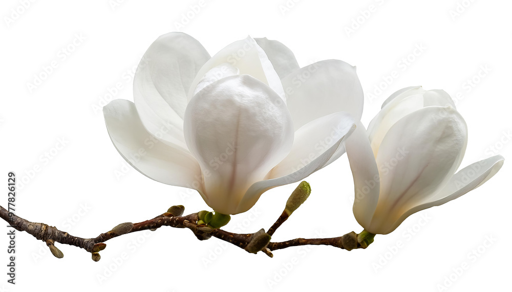 A delicate white magnolia flower set against a pristine white background, highlighting its elegant petals and form A delicate white magnolia flower set against a pristine white background, highlighting its elegant petals and form