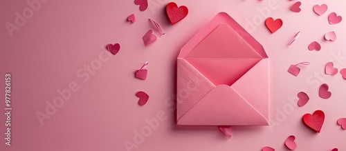 Valentine s Day love letter on a pink paper backdrop with copy space