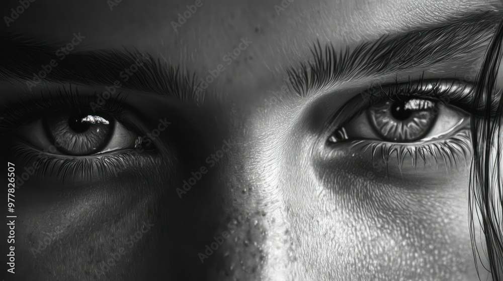 Naklejka premium Close-up Black and White Portrait of a Person's Eyes