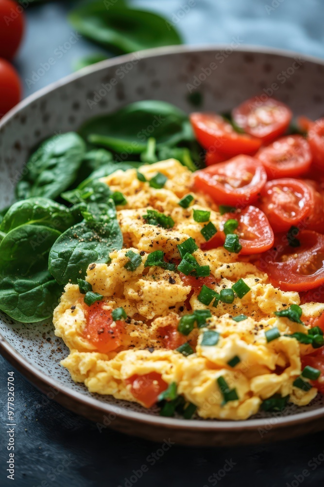 A delicious breakfast plate featuring scrambled eggs with chopped green onions, fresh spinach leaves, and sliced cherry tomatoes ideal for health food blogs, diet plans, and recipe websites, A delicious breakfast plate featuring scrambled eggs with chopped green onions, fresh spinach leaves, and sliced cherry tomatoes ideal for health food blogs, diet plans, and recipe websites,