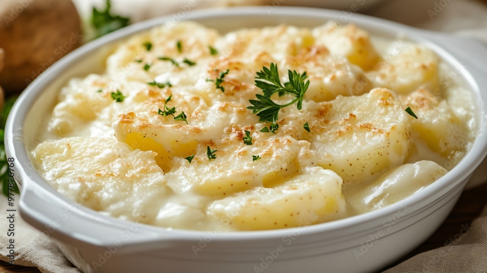 A serving of creamy milk-based scalloped potatoes, isolated on a warm cream background for a cozy, home-cooked vibe A serving of creamy milk-based scalloped potatoes, isolated on a warm cream background for a cozy, home-cooked vibe