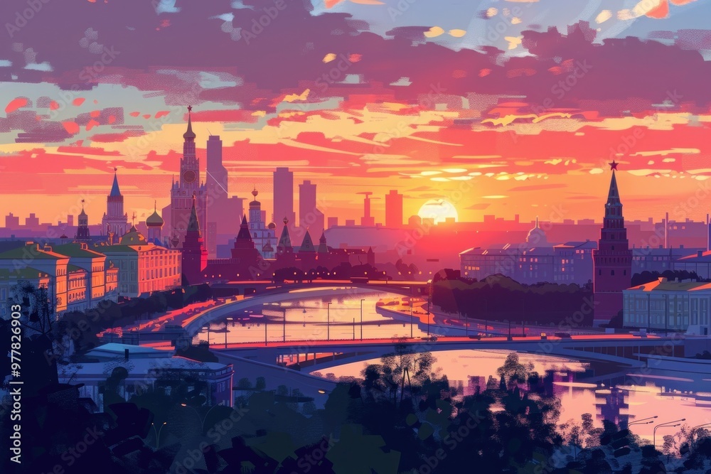 Naklejka premium Postcard with landscape of Moscow, Russia at sunset