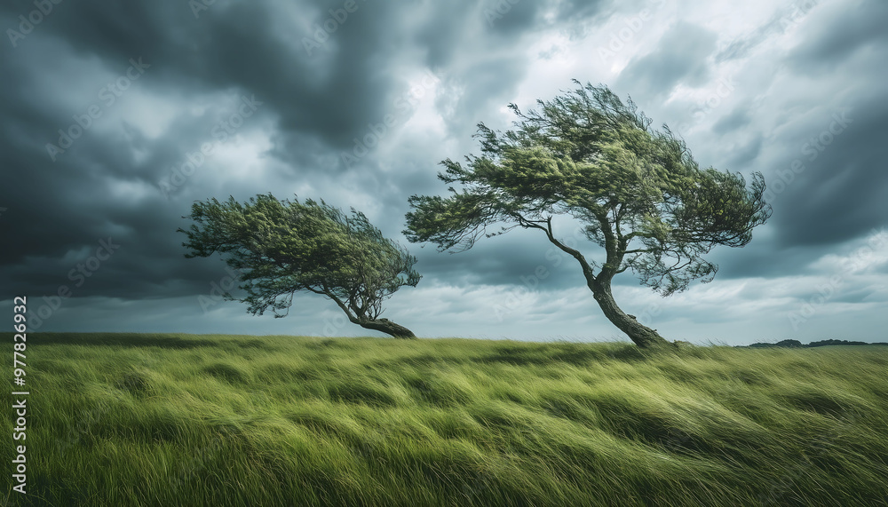 Two wind blown trees in a grassy field during a hurricane Two wind blown trees in a grassy field during a hurricane