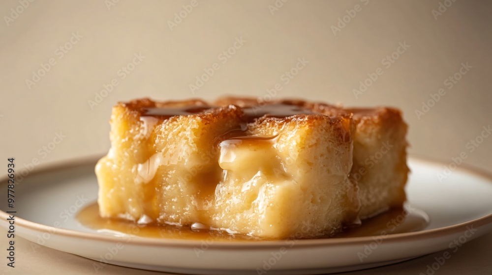 A serving of milk-based bread pudding with a caramel drizzle, isolated on a neutral beige background for a warm, comforting look A serving of milk-based bread pudding with a caramel drizzle, isolated on a neutral beige background for a warm, comforting look