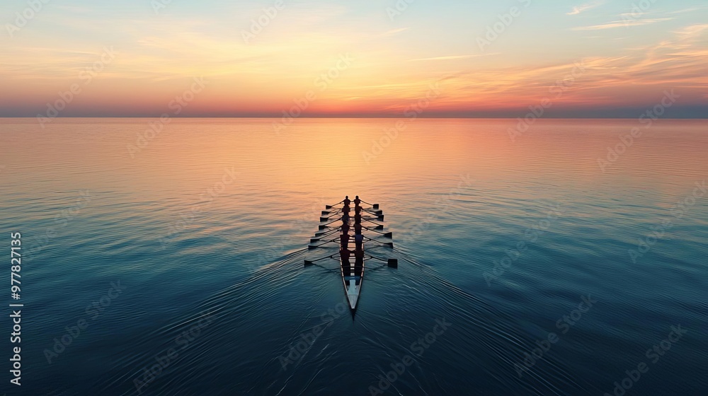 Obraz premium Silhouette of athletes rowing in sync on a calm lake at sunset, perfect coordination, teamwork, coordination, rowing