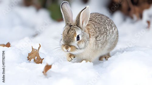 A fluffy rabbit exploring a snow-covered garden nibbling on frosty leaves and leaving tiny paw prints in the fresh snow.