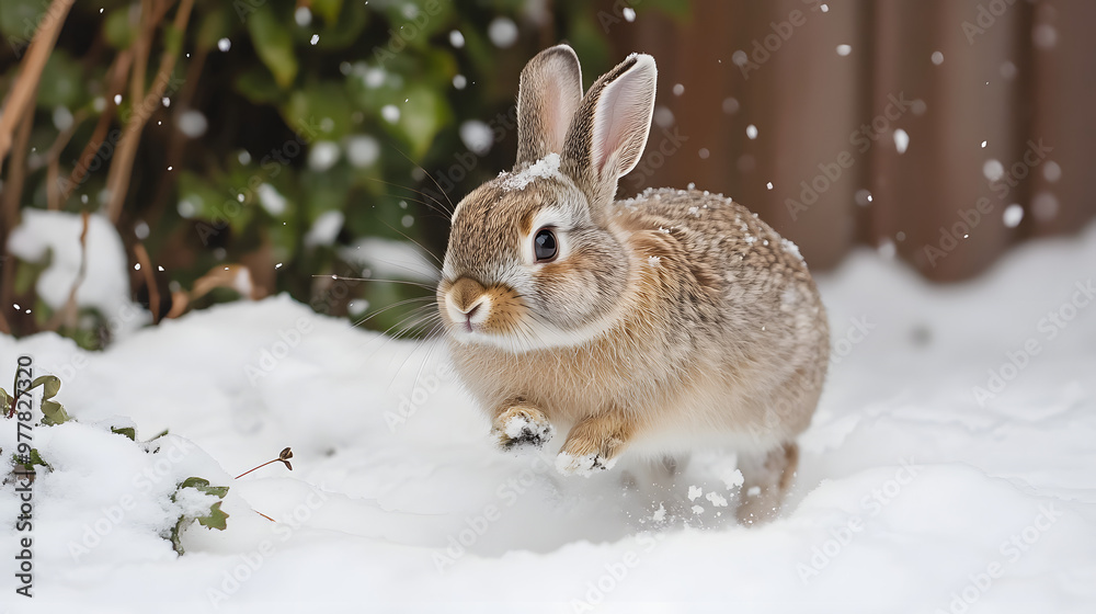 A fluffy rabbit hopping through a snow-covered backyard leaving tiny tracks in the fresh snow while nibbling on winter greens. A fluffy rabbit hopping through a snow-covered backyard leaving tiny tracks in the fresh snow while nibbling on winter greens.