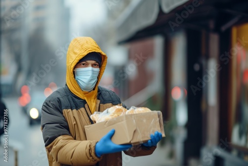 A delivery worker wearing a yellow hooded jacket and blue gloves holds a cardboard box filled with food. The background features an overcast day in an urban setting