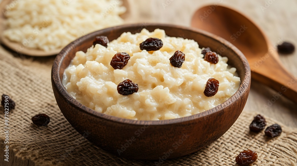 A serving of traditional rice pudding made with milk and raisins, isolated on a rustic beige background for a cozy, nostalgic vibe