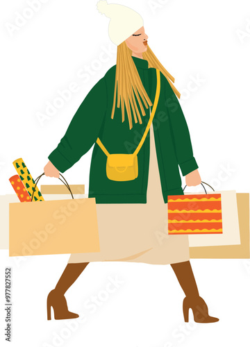 Illustration femme blonde shopping Noël sacs mode hiver vert rouge paquets cadeaux vecteur