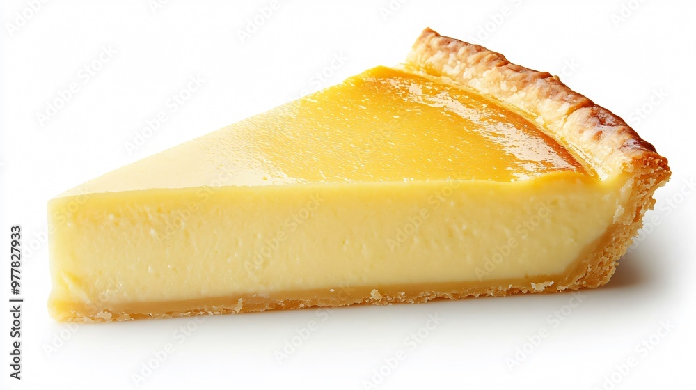 A slice of milk-based custard tart, isolated on a matte white background with soft shadows to emphasize the smooth texture A slice of milk-based custard tart, isolated on a matte white background with soft shadows to emphasize the smooth texture