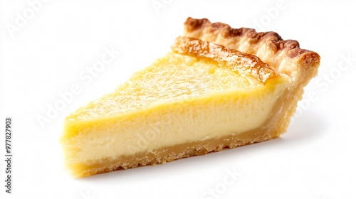 A slice of milk-based custard tart, isolated on a matte white background with soft shadows to emphasize the smooth texture